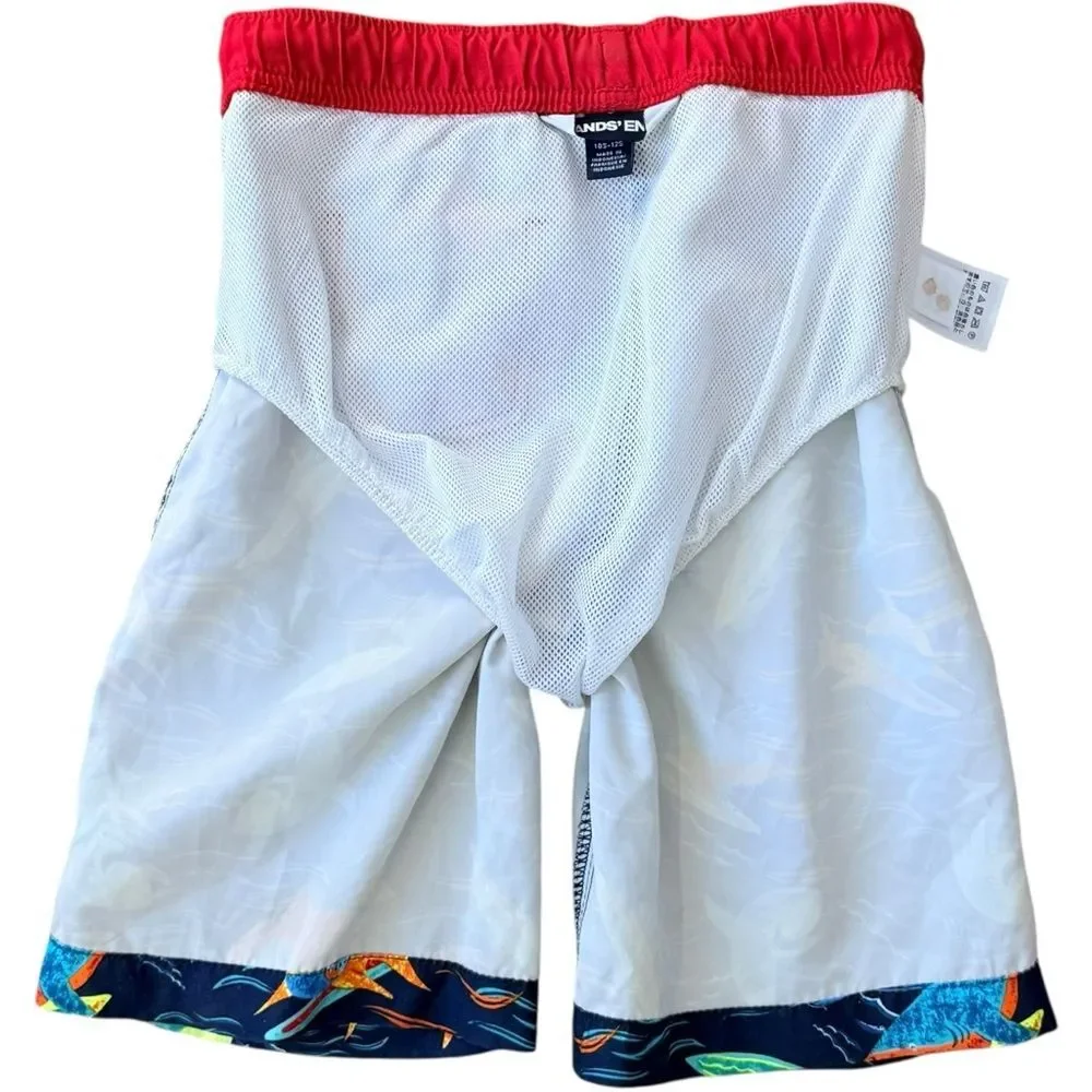 Lands’ End Boys Kids Shark Print Pull-On Lined Swim Trunks Board Shorts. Large.